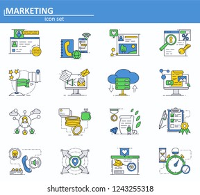 Vector set of digital and social media marketing and advertisement icons in thin line style. Website UI and mobile web app icon. Outline design illustration