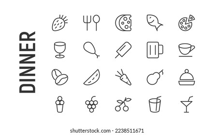 Vector set of dinner thin line icons. Design of 20 stroke pictograms. Signs of dinner isolated on a white background.