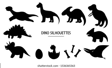 Vector set of dino silhouettes. Black and white illustration of dinosaurs. Funny cute prehistoric themed stencils.
