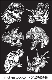 Vector set of dinos  isolated on black, graphical engraved illustration