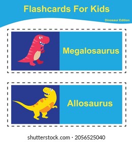 Vector set of dinosaur collections flashcard. Dinosaur educational printable flashcards. Vector poster for Preschool Education. 