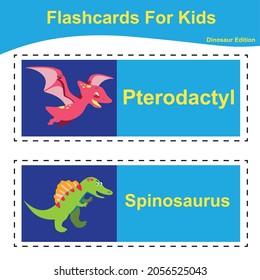 Vector set of dinosaur collections flashcard. Dinosaur educational printable flashcards. Vector poster for Preschool Education. 