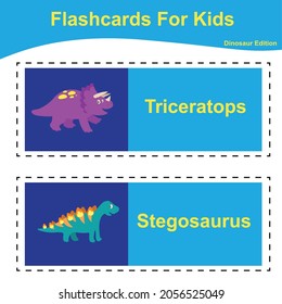 Vector set of dinosaur collections flashcard. Dinosaur educational printable flashcards. Vector poster for Preschool Education. 