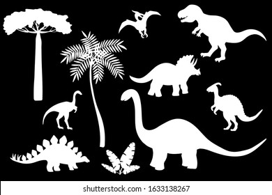 Vector set of dinosaur silhouettes, white stencil on a black background: stegosaurus, Triceratops, Tyrannosaurus, Brontosaurus, pterodactyl and others