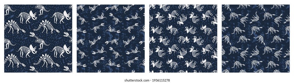 Vector set with dinosaur skeletons seamless pattern. Bright background with dino for kids textile