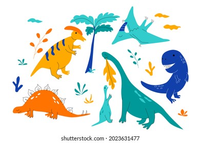 Vector set of dinosaurs in a cartoon doodle style. Cute children's illustration is suitable for a children's room
