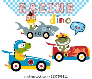 Vector set of dinosaurs cartoon driving race car