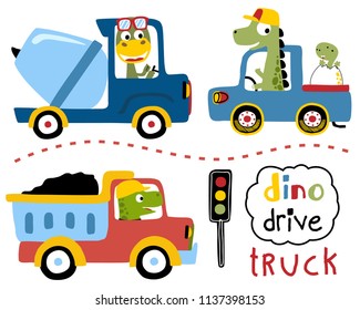 Vector set of dinosaurs cartoon driving trucks