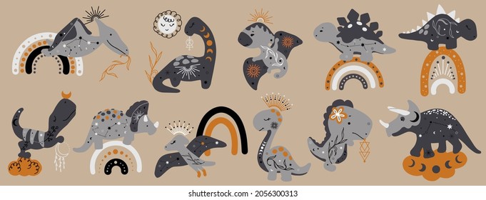 A vector set of dinosaurs in a cartoon mystical boho style. Colorful cute children's illustration is perfect for children's room, posters, prints