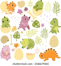 Vector set of dinosaurs. Cute baby dinosaurs, kids clipart, Little dinos. Baby shower, skeletons, dinosaur bones and eggs. Exotic palm leaves.