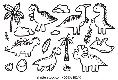 Vector set of dinosaurs in doodle style. A cute baby illustration perfect for kids.