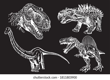 Vector set of dinosaurs, engraved illustrations, paleontology concept