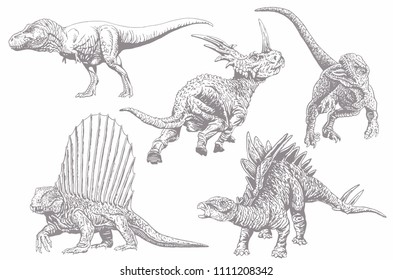 Vector set of  dinosaurs , grey sketch,paleontology