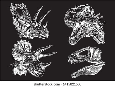 Vector set of dinosaurs isolated on black, graphical engraved illustration