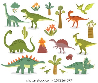 Vector Set Of Dinosaurs. Jurassic Period. Tyrannosaurus Rex. Brachiosaurus, Pterodactyl, Tricerapors. Paleontology. Cartoon Dinosaurs
