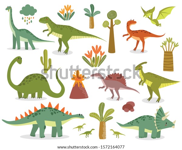 恐竜のベクター画像セット ジュラ紀 ティラノサウルス ブラキオサウルス プテロダクチル トリケラポール 古生物学 漫画恐竜 のベクター画像素材 ロイヤリティフリー