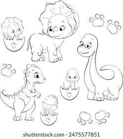 Vector set - dinosaurs moms and baby, and rocks. Clipart for baby shower, nursery, decor, stickers, prints with historical animals. Black line silhouette for circuit