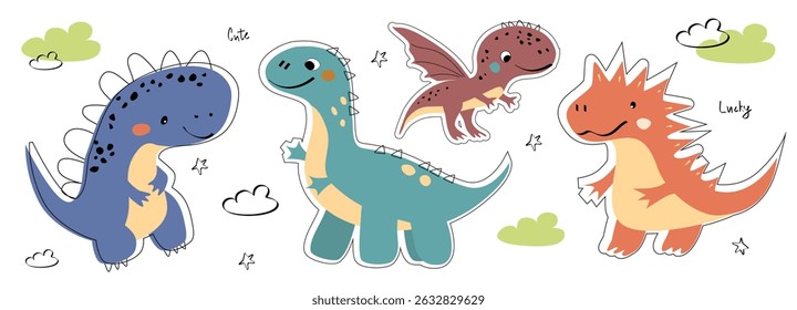 Vector set of Dinosaurs on white background. Children's card with cute flying dinosaurs. Dino baby colorful illustration in naive style on white background