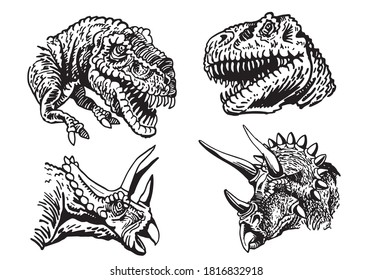 Vektorgrafiken von Dinosauriern einzeln auf Weiß, Tyrannosaurus und Triceratops