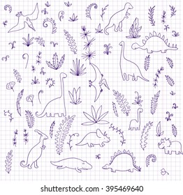 vector set of dinosaurs and prehistoric plants drawing by ink at paper, hand drawn background