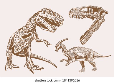 Vector set of dinosaurs, sepia background