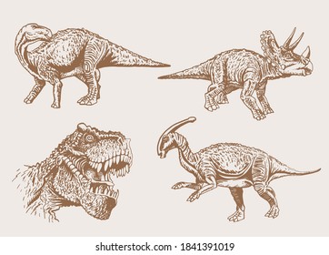 Vector set of dinosaurs, sepia background