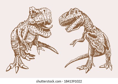 Vector set of dinosaurs, sepia background