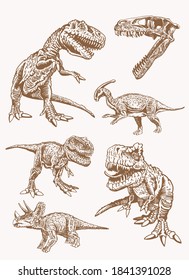 Vector set of dinosaurs, sepia background