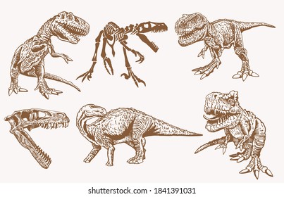 Vector set of dinosaurs, sepia background