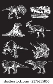Vector set of dinosaurs and varans , graphical elements isolated on black