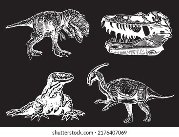 Vector set of dinosaurs and varans , graphical elements isolated on black