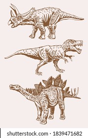 Vector set of dinosaurs , vintage colletion, sepia illustration