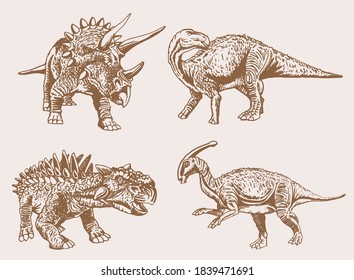 Vector set of dinosaurs , vintage colletion, sepia illustration