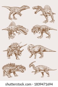Vector set of dinosaurs , vintage colletion, sepia illustration