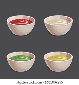 Vector set of dipping sauces in bowls. Cartoon illustration of ketchup, mayonnaise, mustard, wasabi sauce