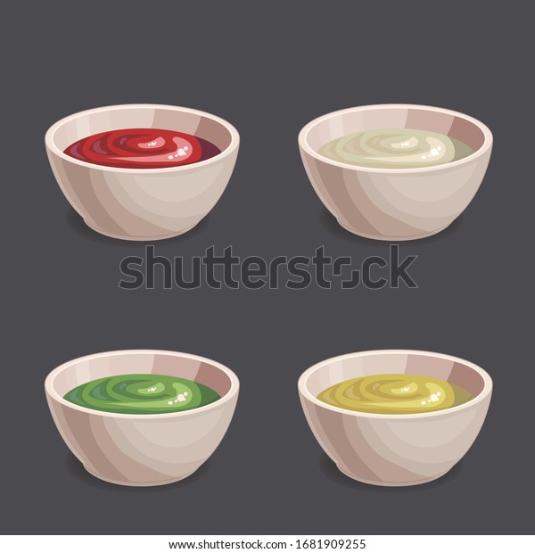 Vector set of dipping\
sauces in bowls. Cartoon illustration of ketchup, mayonnaise,\
mustard, wasabi sauce