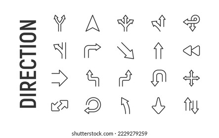 Vector set of direction thin line icons. Design of 20 stroke pictograms. Signs of direction isolated on a white background.