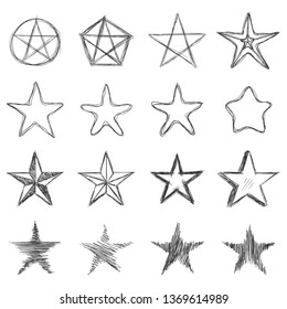 Vector Set of Dirty Sketch Stars. Abstract Doodle Illustrations