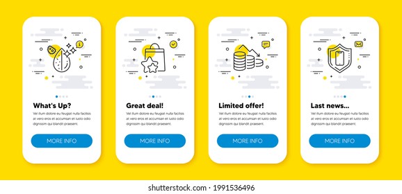 Vector set of Dirty water, Money loss and Loyalty points line icons set. UI phone app screens with line icons. Smartphone protection icon. Aqua drop, Economy bankruptcy, Bonus bags. Phone. Vector