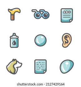 Vector Set of Disability Icons. Lameness, Blindness, Diagnostic, Prevention, Vision, Eye, Contact Lens, Guide, Braille, Deafness.