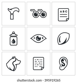 Vector Set of Disability Icons. Lameness, Blindness, Diagnostic, Prevention, Vision, Eye, Contact Lens, Guide, Braille, Deafness. The health problems in humans and help them.