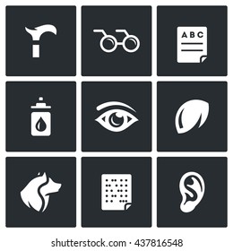 Vector Set of Disability Icons. Lameness, Blindness, Diagnostic, Prevention, Vision, Eye, Contact Lens, Guide, Braille, Deafness. The health problems in humans and help them.