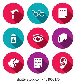 Vector Set of Disability Icons. Lameness, Blindness, Diagnostic, Prevention, Vision, Eye, Contact Lens, Guide, Braille, Deafness.
