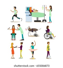 Vector set of disabled people characters isolated on white background. Handicapped men and women getting medical treatment, doing sports and making arts with limb prosthetics flat symbols, icons.