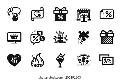 Vector set of Discount banner, Gift shop and Puzzle icons simple set. Hot sale, Photo album and Say yes icons. Elephant on ball, Surprise and Love letter signs. Vector