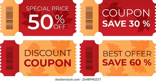 Vector set of discount coupon templates with sales and special offers for the autumn season