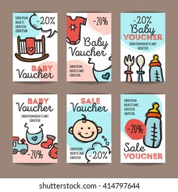 Vector set of discount coupons for baby goods. Colorful doodle style discount voucher templates. Baby accessories and clothes  promo offer cards.