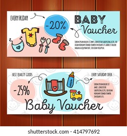 Vector set of discount coupons for baby goods. Colorful doodle style discount voucher templates. Baby accessories and clothes  promo offer cards.