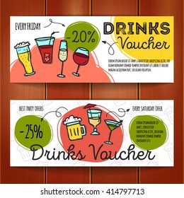 Vector Set Of Discount Coupons For Beverages. Colorful Doodle Style Alcohol Drinks Discount Voucher Templates. Cocktail Bar Promo Offer Cards.