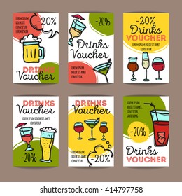 Vector set of discount coupons for beverages. Colorful doodle style alcohol drinks discount voucher templates. Cocktail bar promo offer cards.